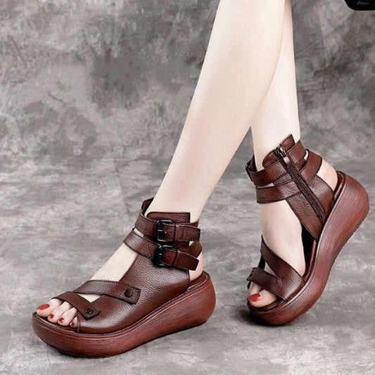 xakxx  New Women's Sandals Summer Leisure Comfort Wedge Shoes Vintage Classic Outdoor Durable Leather Thick Sole Flat Shoes