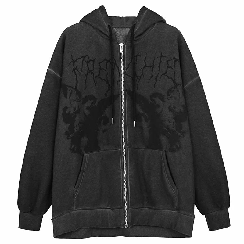 xakxx Y2K Gothic Skeleton Print Hoodie Women Harajuku Hip Hop Oversized Zipper Jacket Autumn Winter Vintage Loose Hooded Sweatshirts