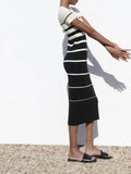 xakxx xakxx- New Femininity Casual Vibrant Sexy Knit High Stretch One Size Short Sleeve Round Neck Striped Midi Dress