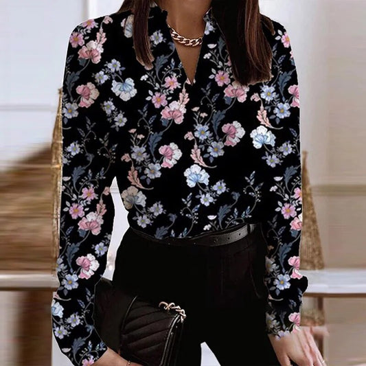 xakxx xakxx- Vintage Lapel Button Flower Print Blouse Women Stylish Loose Shirt Autumn  Long Sleeve Elegant Lady Tops