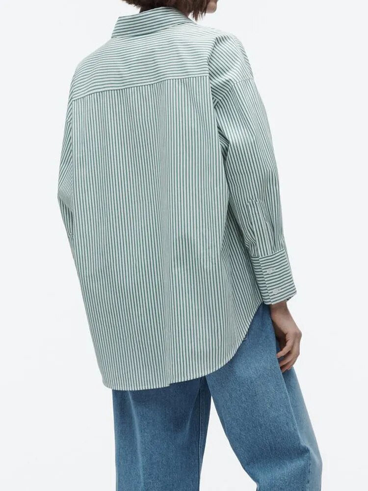 xakxx xakxx - New women's  long-sleeved lapel shirt with patch pocket stripe loose poplin shirt on the front