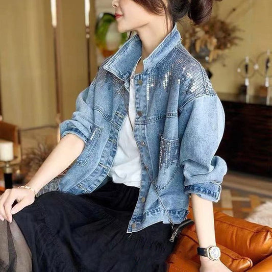 xakxx  Spring Autumn Denim Jacket Women Fashion Sequin Short Lapel Jean Coats Woman Casual  Full Sleeve Loose Button Coat