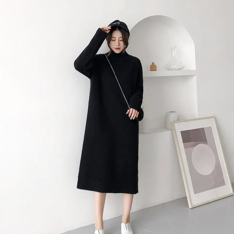 xakxx xakxx-Mid-length pure cashmere sweater women's semi-high collar over-the-knee dress loose plus size sweater knitted bottoming sweater