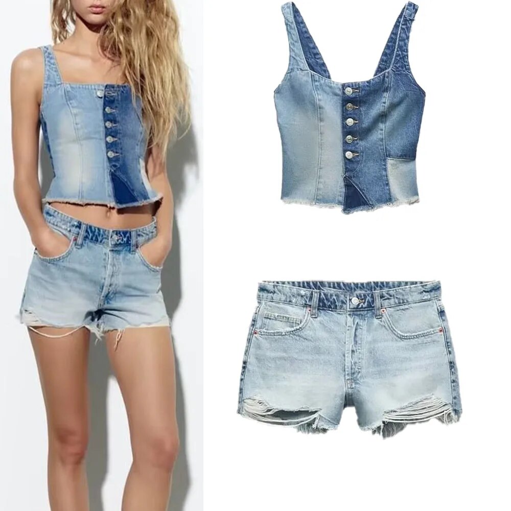 xakxx xakxx - New women's clothing Temperament fashion casual Ruili sexy raw edge hem front metal button closure patchwork denim top shorts