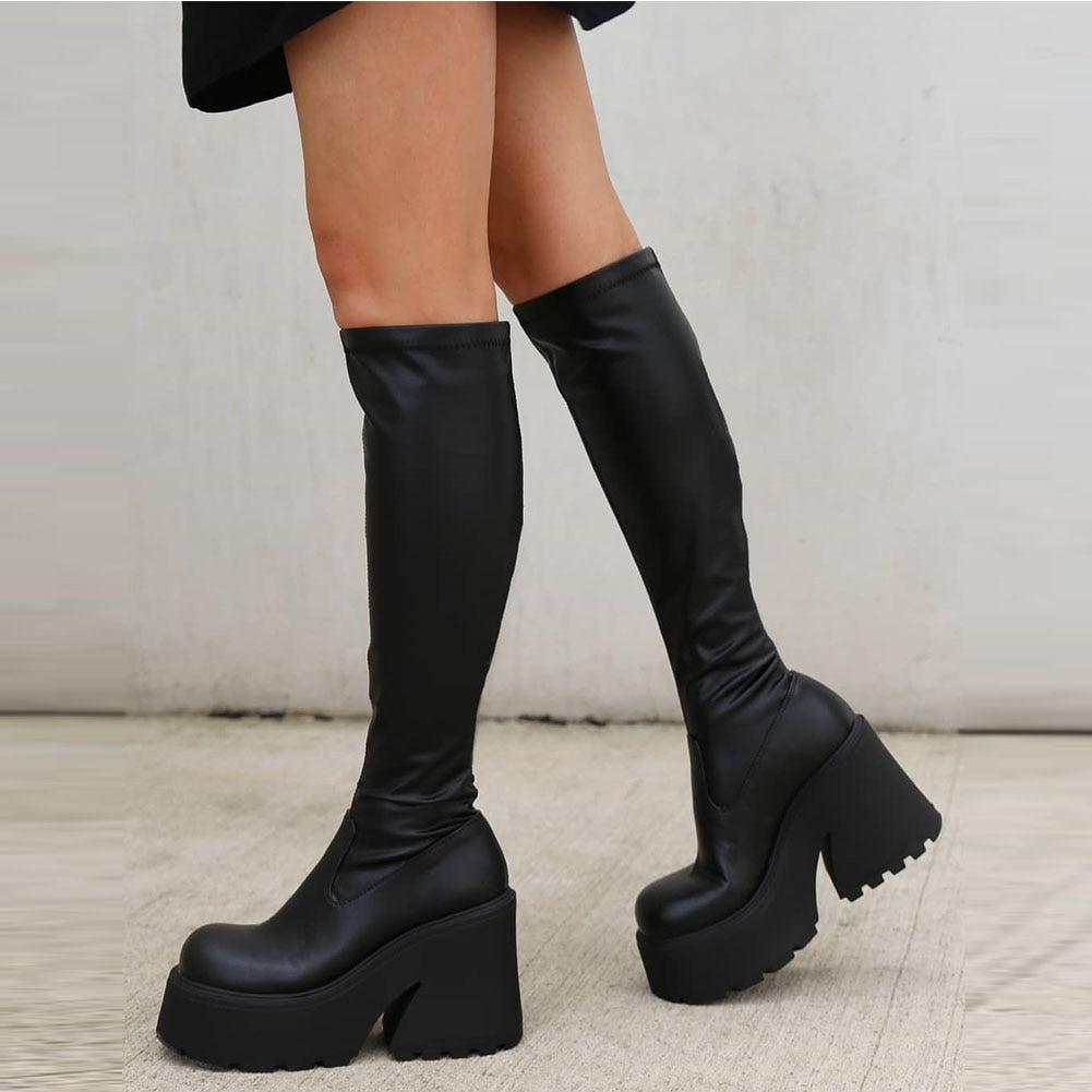 xakxx Halloween Goth Platform High Heels Zip Chunky Women's Boots Black Punk Thick Bottom Motorcycle Boots Cosplay Y2K Casual Shoes