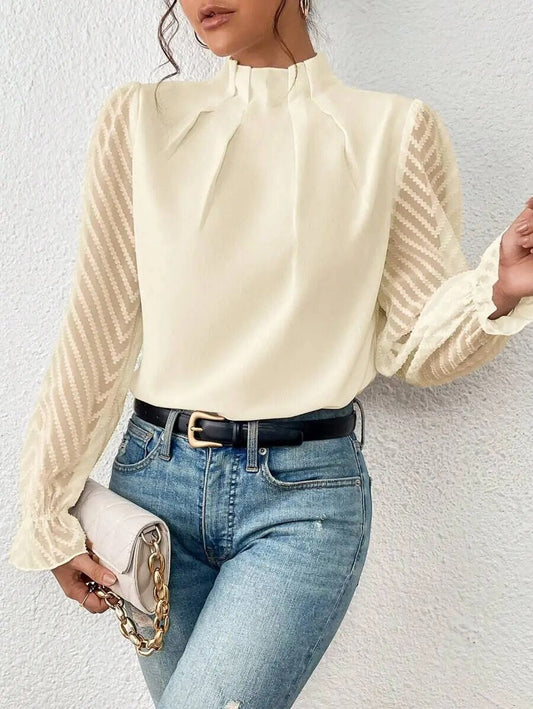 xakxx xakxx- Luxury Half High Collar Blouse Lady Panel Wave Pattern Ruffle Leaf Long Sleeved T-Shirt  Autumn Winter Clothes