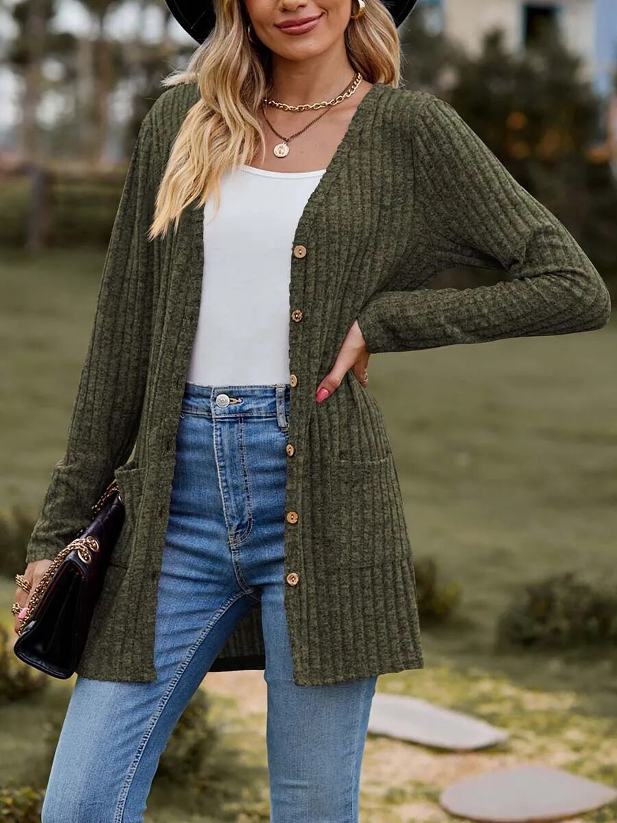 xakxx xakxx- Solid Colors Cardigan Coat Women Casual Button Long Sleeve Pocket Jack Lady Spring Autumn Simple Tops