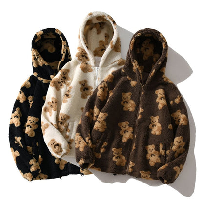 xakxx Thanksgiving Hoodies Women Sweatshirts Animal Hooded Thickening Leisure Fleece Cartoon Bear Plush Fleece Zipper Pockets Clothing Ykdnz7003