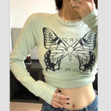 xakxx Retro Butterfly Graphic Print T-shirt Women Long Sleeve Round Neck Crop Tops Grunge Fairy Pullover 2000s Aestheti Tee Shirt