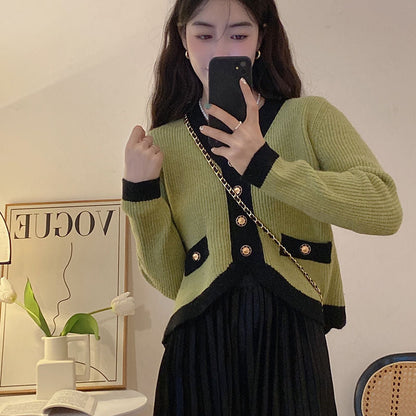 xakxx  Small Perfume Style Long-sleeved Knit Sweater Cardigan Women's New Fall /winter Thin Color Blocking V-neck Jacket Blouse