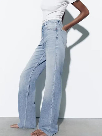 xakxx xakxx- New Women's  Extra Long Wide Leg Zipper and Metal Button Closure High Waist Casual Wide Leg Jeans