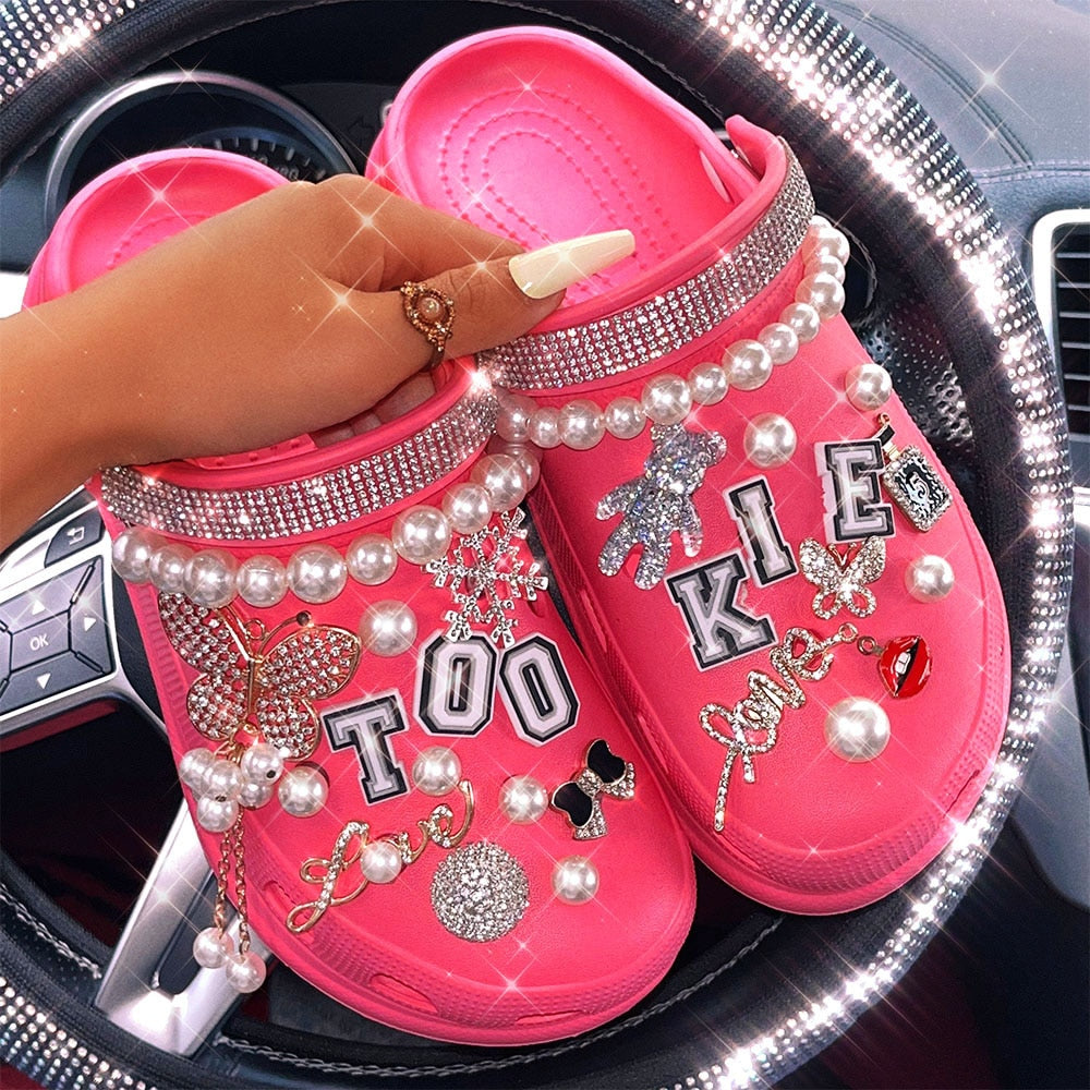 xakxx New Arrival Summer Women Slippers Platform Garden Sandals Pearl Rhinestone Charm Cave Slides Cute Fashion Ladies Shoes Plus Size