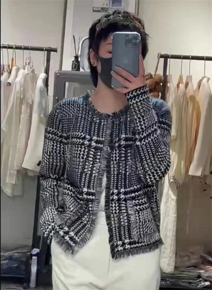 xakxx xakxx-Houndstooth plaid fringed cashmere sweater knitted small fragrant wool cardigan women's loose plaid coat