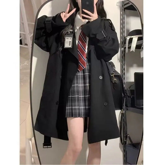 xakxx xakxx-Black Trench Coat Women Windbreaker  Spring Autumn Fashion Chic British Style Double Breasted Mid-length Black Trench Coat