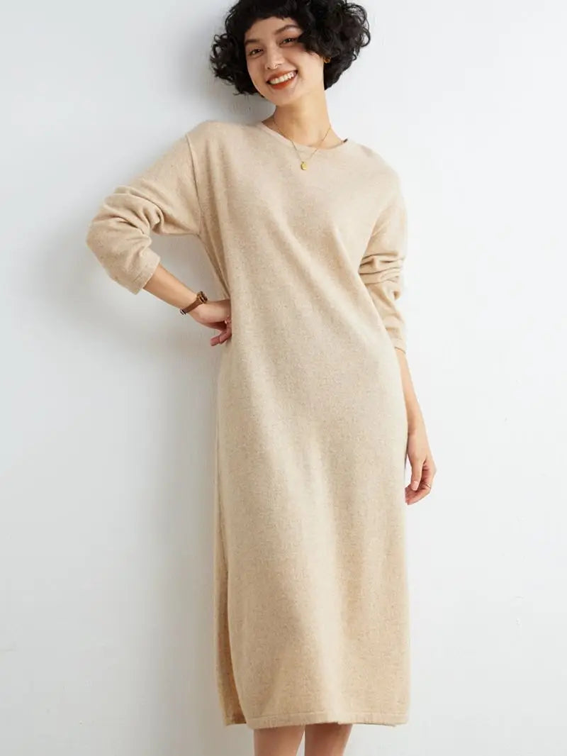 xakxx xakxx-New round neck knitted cashmere dress in autumn and winter with loose pullover and long split wool dress.