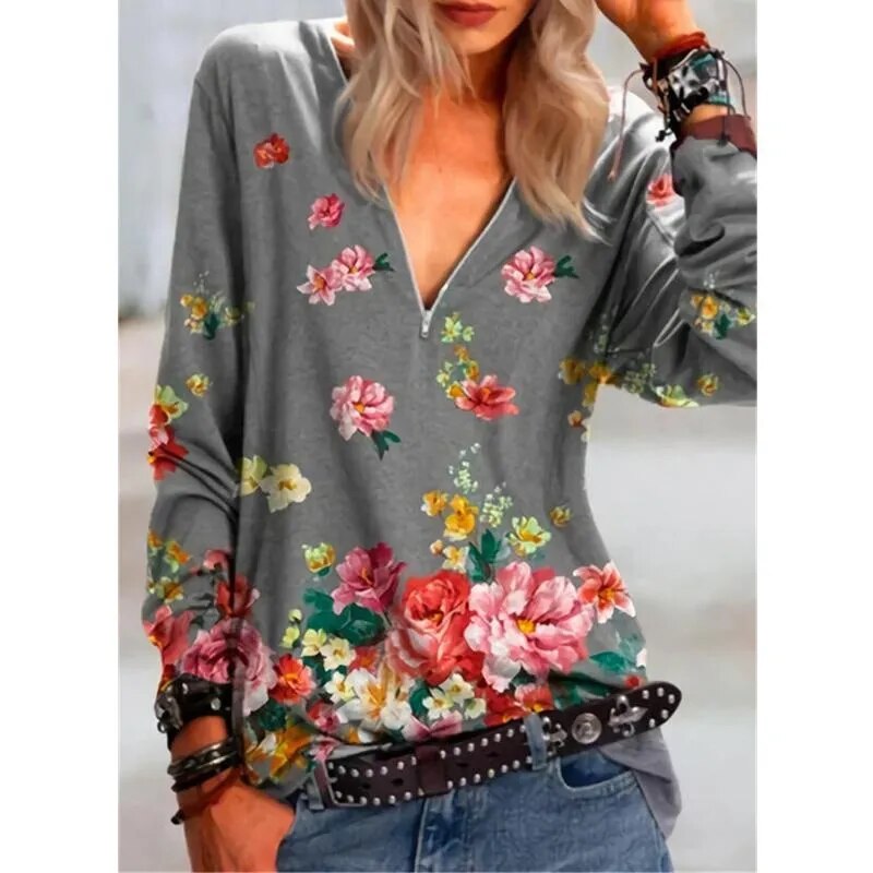 xakxx xakxx- Casual Floral Printing Shirt Women Zipper Long Sleeve Tops Lady Autumn Fashion Clothes Loose Pullover Plus Size 5XL