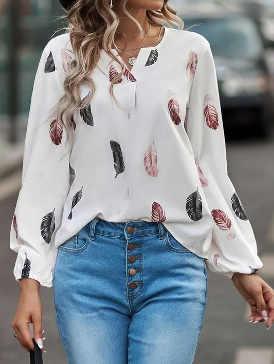 xakxx- Feather Print Blouse Women Long Sleeve V-Neck T Shirt Ol Lady Spring Autumn Loose Casual  Tops Fashion Clothing