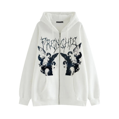 xakxx Y2K Gothic Skeleton Print Hoodie Women Harajuku Hip Hop Oversized Zipper Jacket Autumn Winter Vintage Loose Hooded Sweatshirts