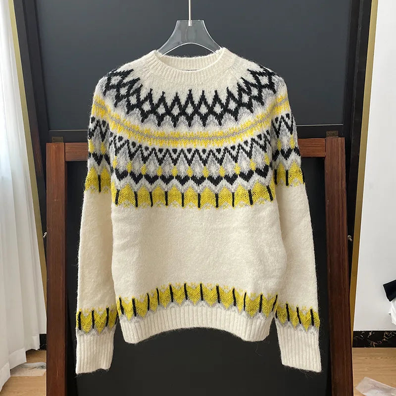 xakxx xakxx  Women's Pullover Autumn Female Clothing Jacquard Inner Knit Top Round Neck Loose Sweater