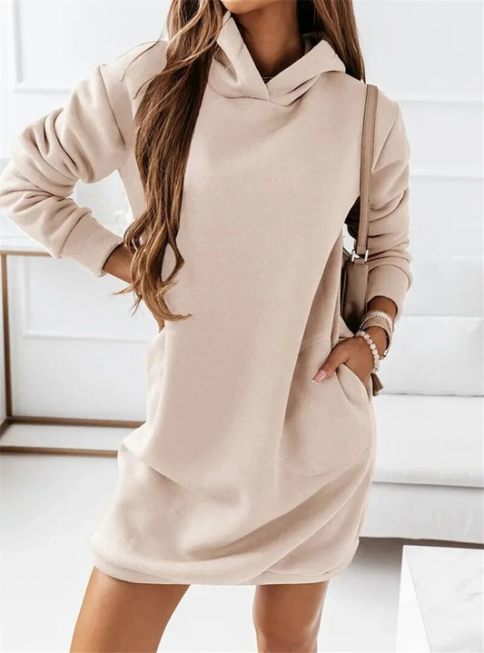 xakxx- Fashion Hooded Mini Dresses Women Pocket Sweatshirts Casual Dress Female Autumn Winter Solid Color Long Sleeve Vestido