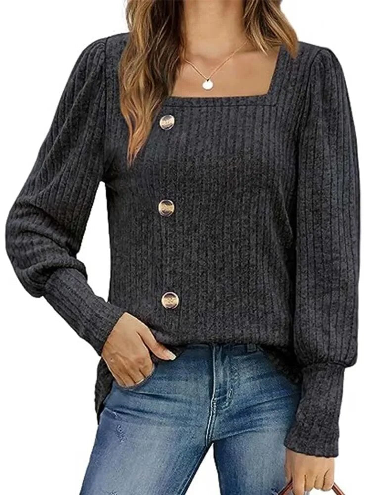 xakxx xakxx- Casual Button Square Collar T-Shirt Women Solid Color Long Sleeve Tops OL Lady Autumn Loose Pullover