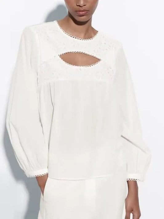 xakxx xakxx - New women's casual all-match round neck lace decoration long-sleeved white slit blouse top 3666122