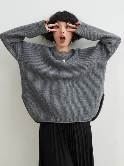 xakxx xakxx-Solid color cashmere sweater women's round neck thick split sweater loose lazy bottoming sweater