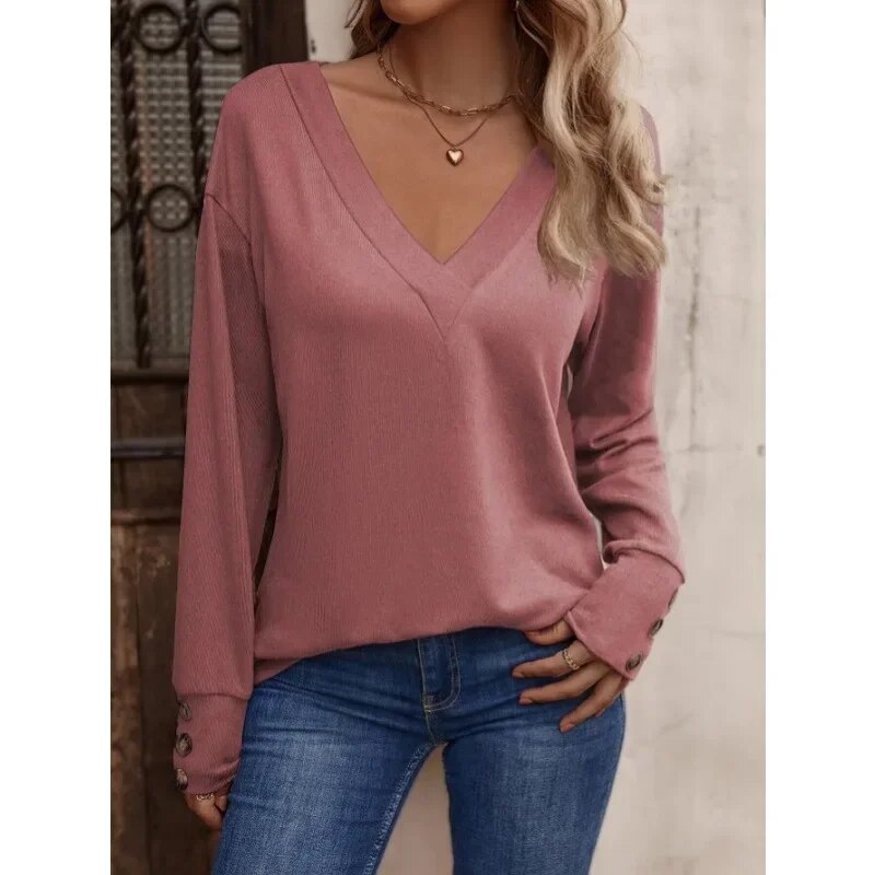 xakxx xakxx- 8 Colors Basic Pullover Women Casual V Neck Long Sleeve Tops Lady  Spring Autumn Thin Blouse Clothes