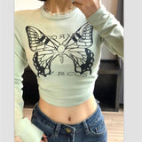 xakxx Retro Butterfly Graphic Print T-shirt Women Long Sleeve Round Neck Crop Tops Grunge Fairy Pullover 2000s Aestheti Tee Shirt