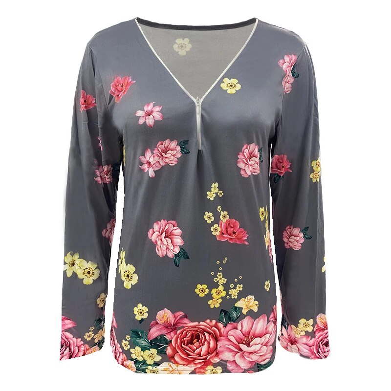 xakxx xakxx- Casual Floral Printing Shirt Women Zipper Long Sleeve Tops Lady Autumn Fashion Clothes Loose Pullover Plus Size 5XL