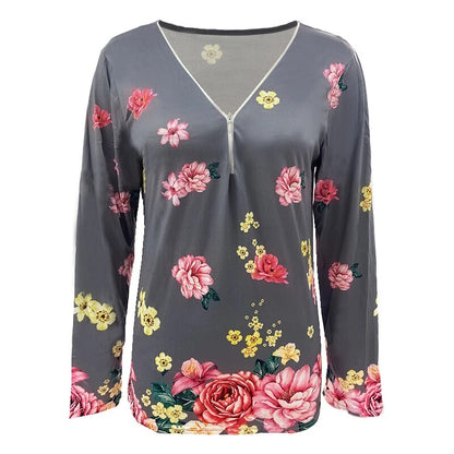 xakxx xakxx- Casual Floral Printing Shirt Women Zipper Long Sleeve Tops Lady Autumn Fashion Clothes Loose Pullover Plus Size 5XL