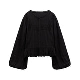 xakxx xakxx -  spring and summer new women's wear slim Slim black retro round neck long-sleeved hollow embroidered shirt