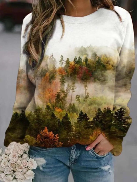 xakxx- Art Graphics T Shirt Women Loose Long Sleeve Sports Sweatshirt Female Natural Scenery Printed Tops Autumn Clothing