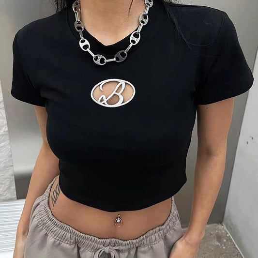 xakxx Summer Embroidery Hollow Out Letter Crop Top Women Slim Short Sleeve Y2K T-Shirts Girls Tees T Shirts