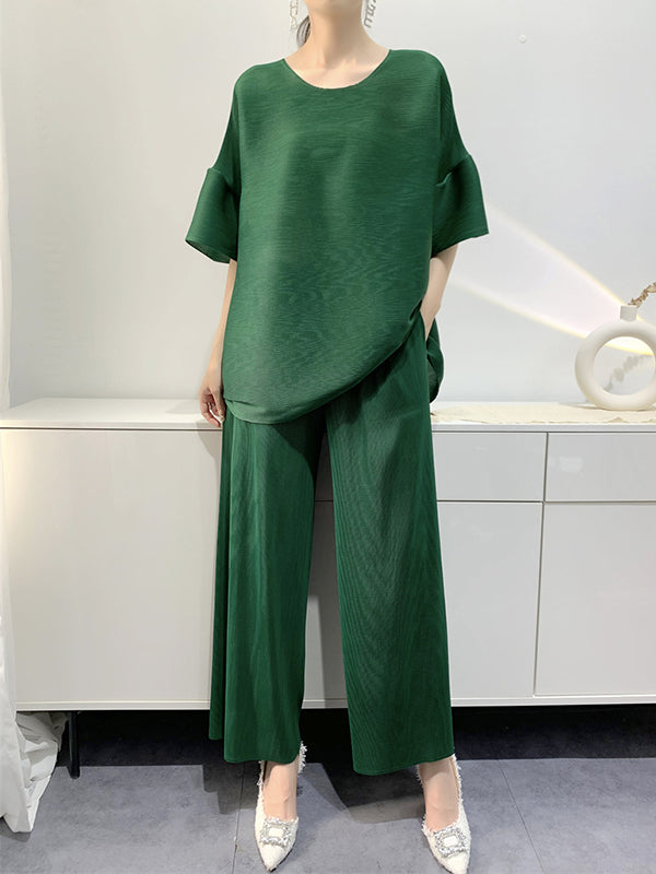 xakxx Elastics Pleated Solid Color Round-Neck T-Shirt + Wide Leg Pants Two Pieces Set