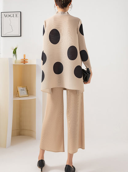 xakxx Long Sleeves Loose Pleated Polka Dot Stand Collar Two Pieces Set