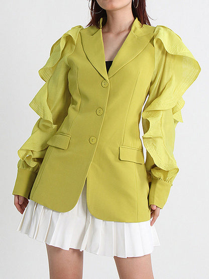 xakxx Long Sleeves Loose Buttoned Pockets Ruffled Split-Joint Notched Collar Blazer Outerwear