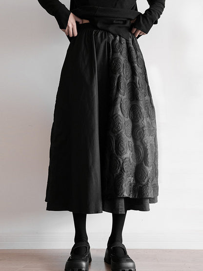 xakxx A-Line Loose Double Layered Elasticity Jacquard Solid Color Split-Joint Skirts Bottoms