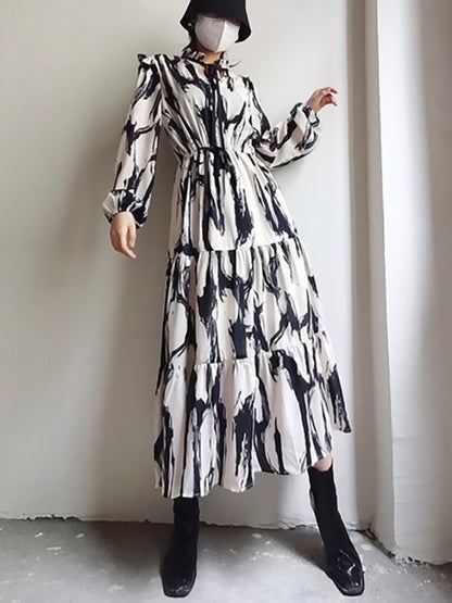 xakxx Long Sleeves Loose Elasticity Hollow Printed Split-Joint Tied Mock Neck Midi Dresses