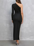 xakxx Bodycon High Waisted Asymmetric Solid Color Split-Side One-Shoulder Maxi Dresses