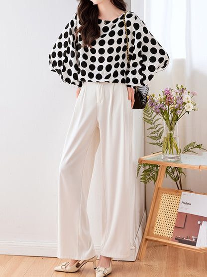 xakxx Long Sleeves Loose Polka-Dot Round-Neck Blouses&Shirts Tops