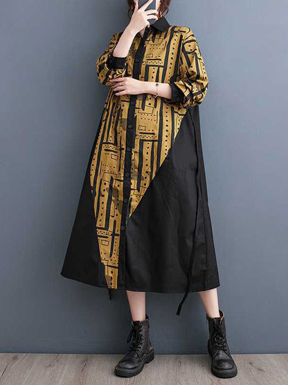 xakxx A-Line Long Sleeves Asymmetric Contrast Color Printed Warp Knitting Lapel Midi Dresses Shirt Dress