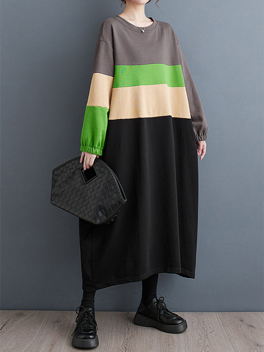 xakxx A-Line Long Sleeves Contrast Color Elasticity Split-Joint Round-Neck Midi Dresses