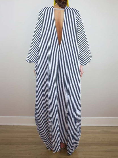 xakxx Batwing Sleeves Loose Striped V-Back Deep V-Neck Maxi Dresses