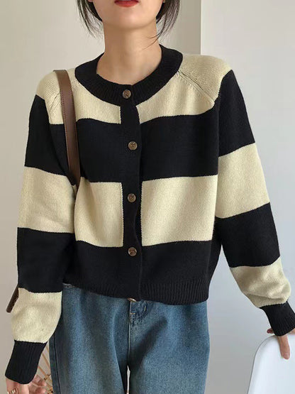 xakxx Casual Buttoned Contrast Color Striped Cardigan Tops