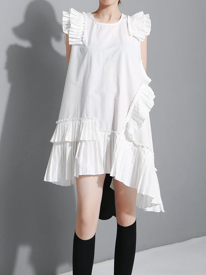 xakxx Flying Sleeves Loose Asymmetric Pleated Solid Color Split-Joint Round-Neck Midi Dresses