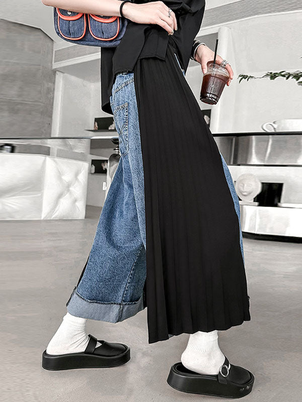 xakxx Loose Ninth Pants Contrast Color Pleated Split-Joint Wide Leg Jean Pants Bottoms