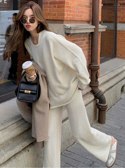 xakxx xakxx-Casual Loose Solid Color Round-Neck Sweater Tops & Wide Leg Pants Suits