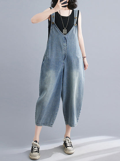 xakxx Cropped Loose Denim Buttoned Overalls