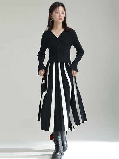 xakxx Original Creation Loose A-Line Contrast Color Striped Skirts Bottoms